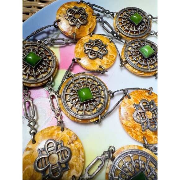Antique 30's Celloid Circles Green Glass Silverplate women's Link Belt/Necklace - Picture 9 of 16